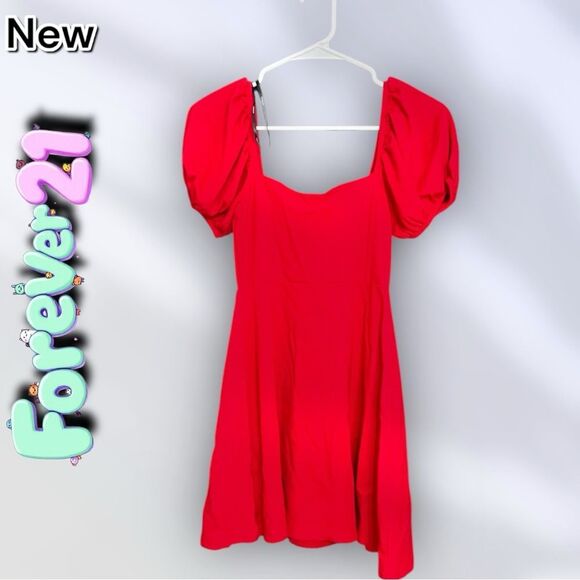 New NWT Forever 21 Red Puffer sleeve Flowy Mini Dress - Small - Picture 5 of 5